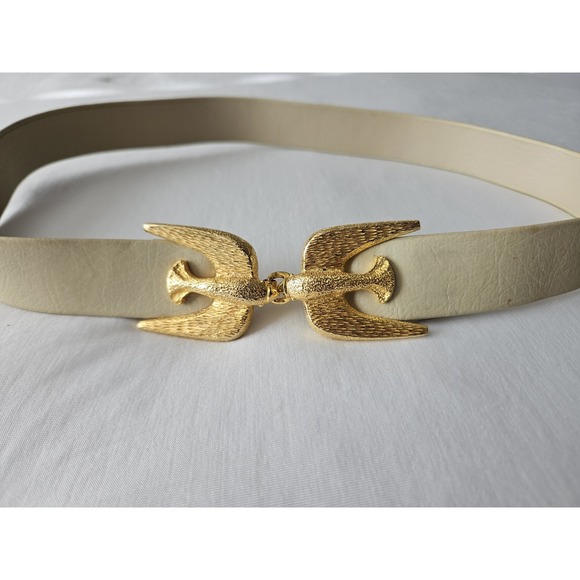 Vtg 1973 Mimi Di N Ivory Cream Leather Gold Buckle Love Birds Sparrows Belt - Picture 2 of 12